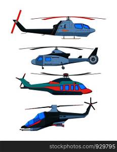 Cartoon avia transport. Various helicopters isolate. Collection of helicopters transport air. Vector illustration. Cartoon avia transport. Various helicopters isolated on white