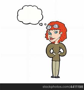 cartoon aviator woman with thought bubble