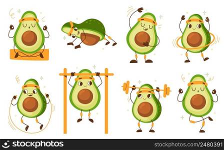 Cartoon avocado athlete. Funny vegetable character, sport mascot, cute green fruit gym activities, push and pull ups, yoga and fitness, healthy lifestyle. Kawaii emoticon workout, vector isolated set. Cartoon avocado athlete. Funny vegetable character, sport mascot, cute green fruit gym activities, push and pull ups, yoga and fitness, healthy lifestyle. Kawaii emoticon workout vector set