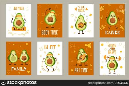 Cartoon avocado cards. Cute comic character, healthy lifestyle, sportive mascot, funny vegetable postcards, vegan food, athlete banners, exercises with barbell, hold pencil, yoga and dance, vector set. Cartoon avocado cards. Cute comic character, healthy lifestyle, sportive mascot, funny vegetable postcards, vegan food, athlete banners, exercises with barbell, yoga and dance, vector set