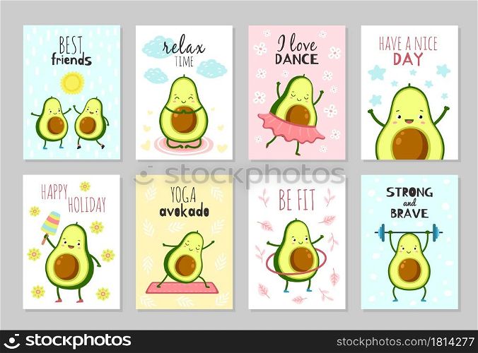 Cartoon avocado cards. Cute healthy food, baby party fun flyers. Positive inspirations text, green characters kids banners vector set. Illustration avocado cartoon nutrition, strong character in gym. Cartoon avocado cards. Cute healthy food, baby party fun flyers. Positive inspirations text, green characters kids banners exact vector set