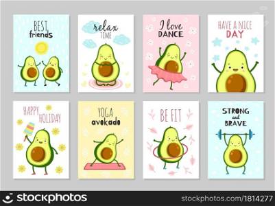 Cartoon avocado cards. Cute healthy food, baby party fun flyers. Positive inspirations text, green characters kids banners vector set. Illustration avocado cartoon nutrition, strong character in gym. Cartoon avocado cards. Cute healthy food, baby party fun flyers. Positive inspirations text, green characters kids banners exact vector set