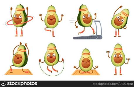 Cartoon avocado character fitness. Funny avocados in yoga poses, gym cardio and vegetarian sport food mascot. Balancing or cardio fitness exercise avocado. Isolated vector illustration icons set. Cartoon avocado character fitness. Funny avocados in yoga poses, gym cardio and vegetarian sport food mascot vector illustration set