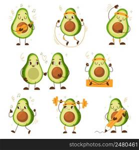 Cartoon avocado. Sport and daily activity, healthy cute characters with jump rope, exercises with barbell, hold pencil, funny fruit mascot workout, playing guitar, walking couple, kawaii vector set. Cartoon avocado. Sport and daily activity, healthy cute characters with jump rope, exercises with barbell, hold pencil, funny fruit mascot workout, playing guitar, walking couple vector set