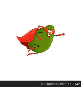 Cartoon avocado superhero isolated vector icon. Vegetable super hero personage in cape and mask flying with raised arm, funny fairytale character, healthy food, vitamin. Cartoon avocado superhero isolated vector icon