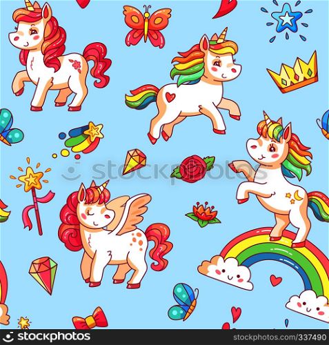 Cartoon babe pony sketch cute pastel background. Miracle sweet dreams with magic colorful pink fancy fairytale unicorn, clouds and rainbow vector seamless pattern poster illustration. Cartoon babe pony sketch cute background. Miracle sweet dreams with magic unicorn, clouds and rainbow vector seamless pattern