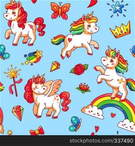 Cartoon babe pony sketch cute pastel background. Miracle sweet dreams with magic colorful pink fancy fairytale unicorn, clouds and rainbow vector seamless pattern poster illustration. Cartoon babe pony sketch cute background. Miracle sweet dreams with magic unicorn, clouds and rainbow vector seamless pattern