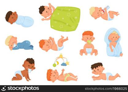 Cartoon babies, cute newborn infants, happy toddlers. Baby boys and girls characters in diapers drinking milk crawling or sleeping vector set. Kids smiling, drinking milk and playing with toys