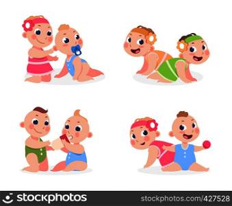 Cartoon babies. Funny newborn boy and girl sitting together, cute twins sister and brother. Vector happy twin children template. Cartoon babies. Funny newborn boy and girl sitting together, cute twins sister and brother. Vector happy children template