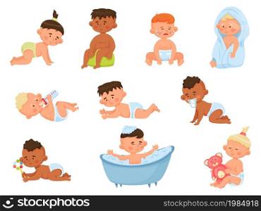 Cartoon babies, infants or toddlers, cute little baby boys and girls. Happy newborn crying, toddler bathing or playing with toys vector set. Child drinking milk from bottle and crawling