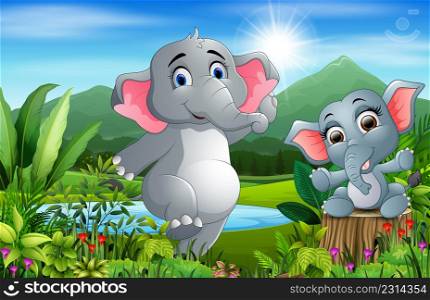 Cartoon baby and mother elephant in a beautiful nature