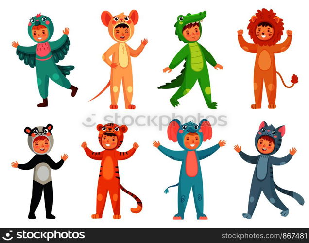 Cartoon baby animal costumes. Cute girl in panda costume, little boy in elephant suit and kids party mascot. Halloween, pajama or birthday party dress. Isolated vector illustration icons set. Cartoon baby animal costumes. Cute girl in panda costume, little boy in elephant suit and kids party mascot vector illustration set