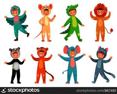 Cartoon baby animal costumes. Cute girl in panda costume, little boy in elephant suit and kids party mascot. Halloween, pajama or birthday party dress. Isolated vector illustration icons set. Cartoon baby animal costumes. Cute girl in panda costume, little boy in elephant suit and kids party mascot vector illustration set