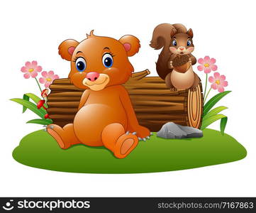 Cartoon baby brown bear with squirrel in the forest