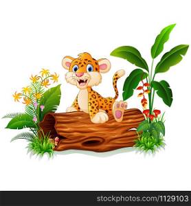 Cartoon baby cheetah on tree trunk