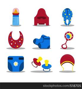 Cartoon baby clothes for textile design. Happy childhood. Vector cartoon. Print, design element. Set of Nipples, Toy, Bib, Romper, Pot, Bottle of Milk, Little Cap, Booties