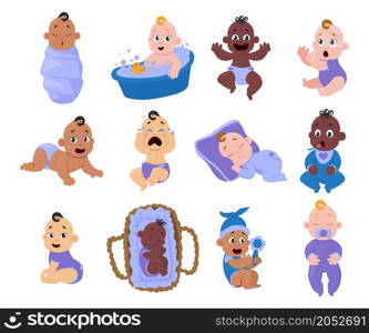 Cartoon baby. Cute smiling and crying little children. Girl and boy characters in diapers. Toddler sleeping in cradle or washing in bath. Kid eating or playing with rattle. Vector adorable infants set. Cartoon baby. Smiling and crying little children. Girl and boy characters in diapers. Toddler sleeping in cradle or washing in bath. Kid eating or playing with rattle. Vector infants set