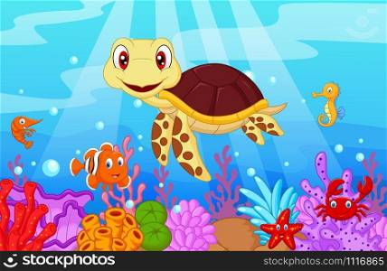 Cartoon baby cute turtle with collection fish