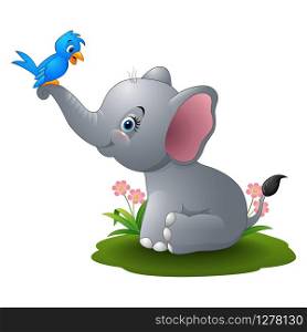 Cartoon baby elephant playing with blue bird
