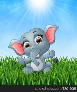 Cartoon baby elephant sitting in the grass on a background of bright sunshine