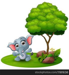 Cartoon baby elephant sitting under a tree on a white background