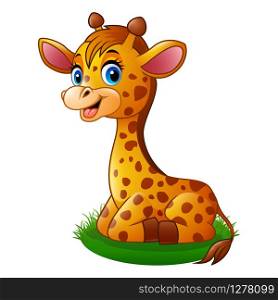 Cartoon baby giraffe sitting on the grass