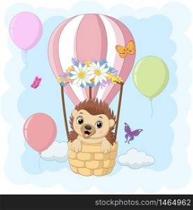 Cartoon baby hedgehog riding a hot air balloon