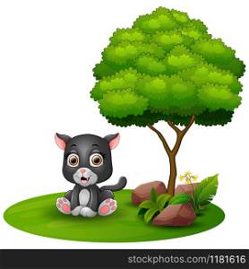 Cartoon baby jaguar sitting under a tree on a white background