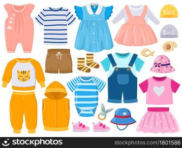 Cartoon baby kids girl and boy clothes, hats, shoes. Childrens fashion clothes, romper, shorts, dress and shoes vector illustration set. Baby cartoon outfits and toys for newborn child. Cartoon baby kids girl and boy clothes, hats, shoes. Childrens fashion clothes, romper, shorts, dress and shoes vector illustration set. Baby cartoon outfits