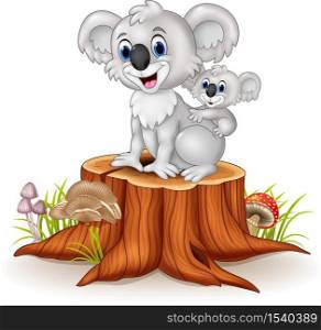 Cartoon baby Koala on Mother's Back on tree stump