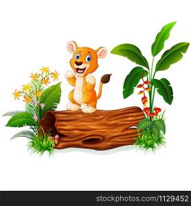 Cartoon baby lion on tree trunk