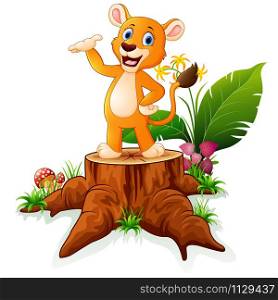 Cartoon baby lion presenting on tree stump