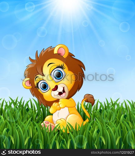 Cartoon baby lion sitting in the grass on a background of bright sunshine