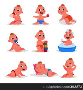 Cartoon baby. Newborn child in diaper eating sleeping crying playing, happy toddler learning to walk and sitting. Vector flat kids newborn crying, crawling, drinking from bottle, crawling in diaper. Cartoon baby. Newborn child in diaper eating sleeping crying playing, happy toddler learning to walk and sitting. Vector flat kids