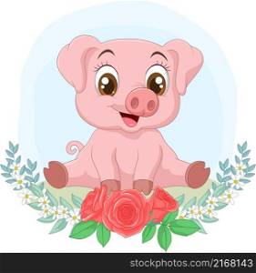 Cartoon baby pig sitting in the grass with flowers