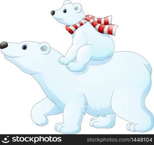 Cartoon baby polar bear riding on her mother's back