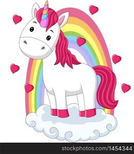 Cartoon baby pony unicorn standing on clouds with rainbow
