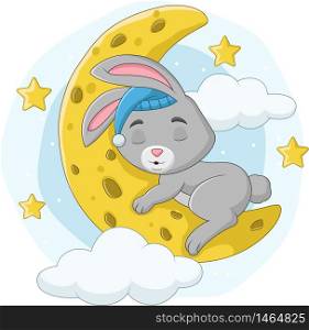 Cartoon baby rabbit sleeping on the moon