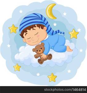 Cartoon baby sleeping with teddy bear on the clouds