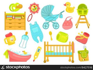 Cartoon baby supplies. Different newborn accessories. Kids care products. Childish feeding. Swaddling table with commode. Toddlers bed. Bathing items. Rubber toy duck and rattle. Splendid vector set. Cartoon baby supplies. Newborn accessories. Kids care products. Childish feeding. Swaddling table with commode. Toddlers bed. Bathing items. Toy duck and rattle. Splendid vector set