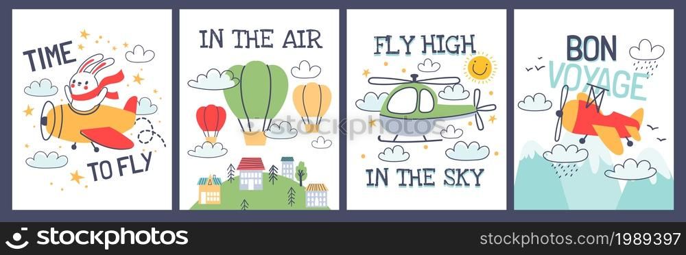 Cartoon baby t shirt prints with airplane and air balloons. Cute animal pilot in plane. Kid travel poster with aircraft transport vector set. Flying vehicles, helicopter among clouds. Cartoon baby t shirt prints with airplane and air balloons. Cute animal pilot in plane. Kid travel poster with aircraft transport vector set
