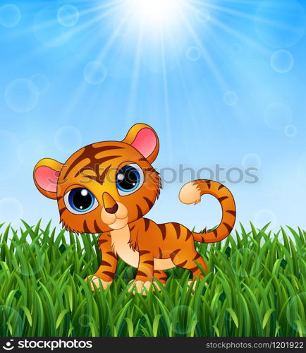 Cartoon baby tiger in the grass on a background of bright sunshine