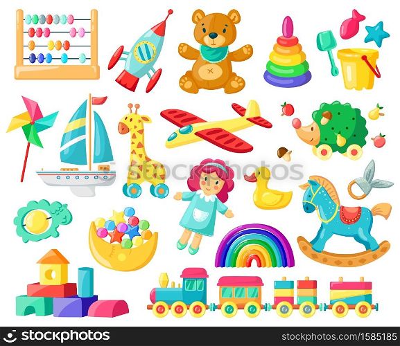 Cartoon baby toys. Child toys, bear, doll, logic toys, train, boys and girls inventory for kids games and entertainment vector illustration set. Rocket and aircraft, boat and giraffe. Cartoon baby toys. Child toys, bear, doll, logic toys, train, boys and girls inventory for kids games and entertainment vector illustration set