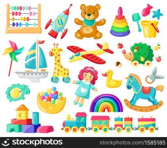 Cartoon baby toys. Child toys, bear, doll, logic toys, train, boys and girls inventory for kids games and entertainment vector illustration set. Rocket and aircraft, boat and giraffe. Cartoon baby toys. Child toys, bear, doll, logic toys, train, boys and girls inventory for kids games and entertainment vector illustration set