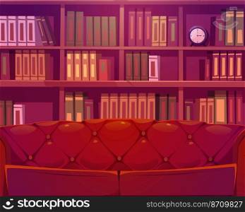 Cartoon background luxury old room or library interior with wooden bookcase and leather coach. Place for reading with sofa and rows of various literature volume spines, athenaeum Vector illustration. Cartoon background luxury old room or library