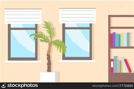 Cartoon background of corridor or office with window, plant in ceramic pot and closed door. Indoor furniture design, modern home interior elements. Contemporary furniture for living room or home. Cartoon empty background of corridor or office with window, plant in ceramic pot and closed door
