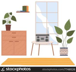Cartoon background of living room with window, commode, record player on the coffee table with plants and flower in vase. Indoor furniture design, modern home interior elements. Contemporary furniture. Vector cartoon background of living room with window, record player on the coffee table with plants