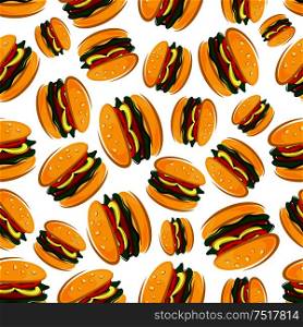 Cartoon background of traditional american barbecue hamburgers with seamless pattern of grilled burger patties with fresh green leaves of lettuce, tomato and onion rings on bun topped with sesame seeds . Seamless barbecue hamburgers pattern background