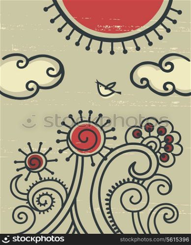 Cartoon background, scene with tree and flowers