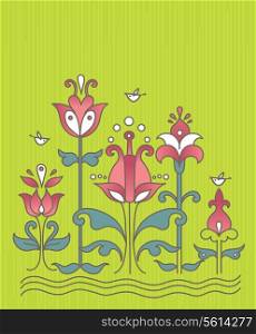 Cartoon background with flowers and birds